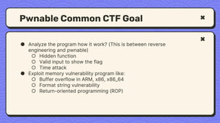 Pwnable Common CTF Goal
● Analyze the program how it work? (This is between reverse
engineering and pwnable)
○ Hidden function
○ Valid input to show the flag
○ Time attack
● Exploit memory vulnerability program like:
○ Buffer overflow in ARM, x86, x86_64
○ Format string vulnerability
○ Return-oriented programming (ROP)
 