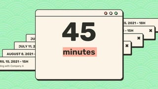 JUNE 25, 2021 - 12H
Meeting with Company A
JULY 11, 2021 - 11H
Meeting with Company A
AUGUST 8, 2021 - 16H
Meeting with Company A
JUNE 15, 2021 - 18H
Meeting with Company A
JUNE 15, 2021 - 15H
Meeting with Company A
JUNE 15, 2021 - 15H
Meeting with Company A
MARCH 22, 2021 - 15H
Meeting with Company A
RIL 15, 2021 - 15H
ting with Company A
minutes
45
 