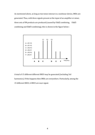 As mentioned above, as long as two tones interact in a nonlinear device, IMDs are
generated. Thus, with three signals present at the input of an amplifier or mixer,
three sets of IM products are produced (caused by f1&f2 combining, f1&f3
combining and f2&f3 combining), this is shown in the figure below :
A total of 15 different different IMD3 may be generated (including 3rd
harmonics). If this happens then IMDs are everywhere. Particularly, among the
15 different IMD3, 6 IMD3 are near signal.
4
 