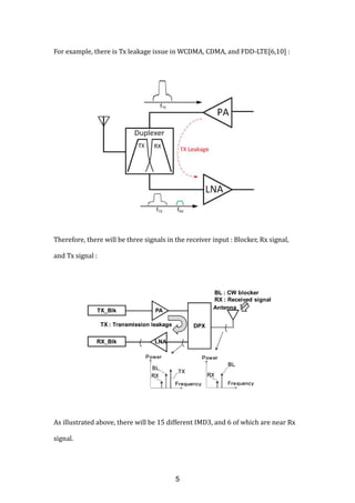For example, there is Tx leakage issue in WCDMA, CDMA, and FDD-LTE[6,10] :
Therefore, there will be three signals in the receiver input : Blocker, Rx signal,
and Tx signal :
As illustrated above, there will be 15 different IMD3, and 6 of which are near Rx
signal.
5
 