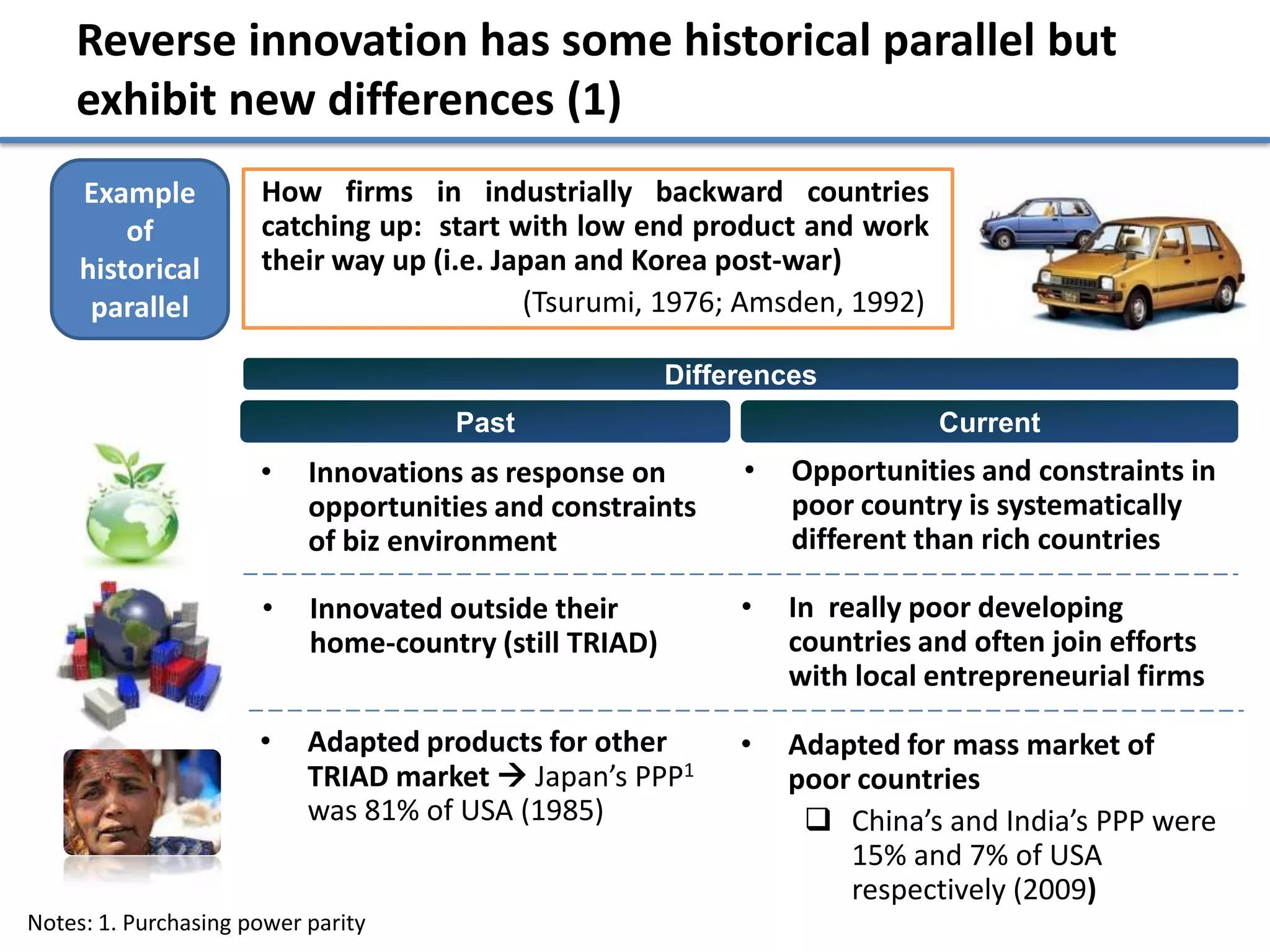 Reverse innovation has some historical parallel but
    exhibit new differences (1)
     Example          How firms in industrially backward countries
         of           catching up: start with low end product and work
     historical       their way up (i.e. Japan and Korea post-war)
      parallel                             (Tsurumi, 1976; Amsden, 1992)

                                                        Differences
                                      Past                                  Current
                      •    Innovations as response on        •   Opportunities and constraints in
                           opportunities and constraints         poor country is systematically
                           of biz environment                    different than rich countries

                      •    Innovated outside their           •   In really poor developing
                           home-country (still TRIAD)            countries and often join efforts
                                                                 with local entrepreneurial firms

                      •    Adapted products for other        •   Adapted for mass market of
                           TRIAD market  Japan’s PPP1           poor countries
                           was 81% of USA (1985)                   China’s and India’s PPP were
                                                                     15% and 7% of USA
                                                                     respectively (2009)
Notes: 1. Purchasing power parity
 