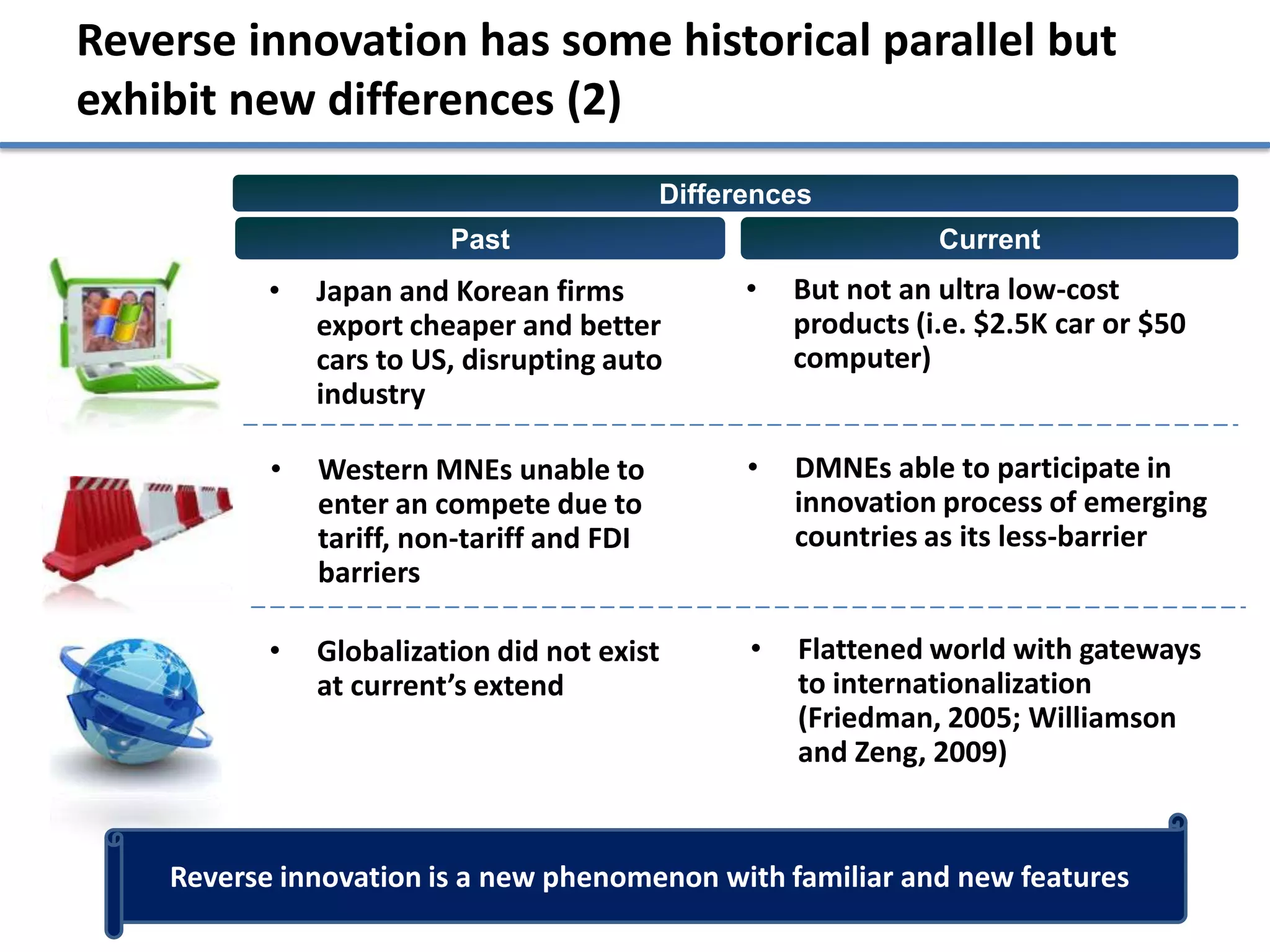 Reverse innovation has some historical parallel but
exhibit new differences (2)
                                            Differences
                         Past                                    Current
           •   Japan and Korean firms             •   But not an ultra low-cost
               export cheaper and better              products (i.e. $2.5K car or $50
               cars to US, disrupting auto            computer)
               industry

           •   Western MNEs unable to             •   DMNEs able to participate in
               enter an compete due to                innovation process of emerging
               tariff, non-tariff and FDI             countries as its less-barrier
               barriers

           •   Globalization did not exist        •   Flattened world with gateways
               at current’s extend                    to internationalization
                                                      (Friedman, 2005; Williamson
                                                      and Zeng, 2009)


    Reverse innovation is a new phenomenon with familiar and new features
 