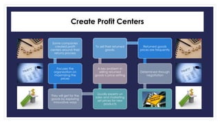 Create Profit Centers 
Some companies 
created profit 
centers around their 
returns process 
Focuses the 
organization on 
maximizing the 
prices 
They will get for the 
goods by exploring 
innovative ways 
To sell their returned 
goods. 
A key problem in 
selling returned 
goods is price setting 
Usually experts un 
sales and marketing 
set prices for new 
products 
Returned goods 
prices are frequently 
Determined through 
negotiation 
 