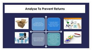 Analyse To Prevent Returns 
A return goods 
management system 
provides a window into 
manufacturers faults 
Companies need to 
look beyond the 
processing of returns to 
reduce their reverse 
supply chain cost. 
A good reverse logistics 
system includes proper 
data collection and 
effective reporting. 
To understand a 
consumer,s reason for 
returning a good, 
companies must collect 
structured and 
consistent data 
concerning the reason 
for the return and the 
product and its 
condition. 
 