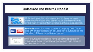 Outsource The Returns Process 
Outsourcing of the returns process is also ocurring on a 
more frequent basis and seems to be an alternative to 
avoid high investments in reverse logistics e-capabilities. 
Example: Manufacturers such as Compaq, Dell, Cisco 
and 3M and retaillers such as Sears have outsourced the 
handling of the reverse flow of godos. 
These outsource suppliers have become specialist in 
managing the reverse flow of godos and can achieve 
economies of scale. 
 