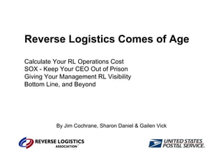 Reverse Logistics Comes of Age
Calculate Your RL Operations Cost
SOX - Keep Your CEO Out of Prison
Giving Your Management RL Visibility
Bottom Line, and Beyond
By Jim Cochrane, Sharon Daniel & Gailen Vick
 
