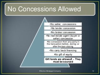 No Concessions Allowed

                     •No seller, concessions
                      •No lender concession
                     •No broker concession
                 •No real-estate agent (buyer or
                       seller) concession
                  •No concession from any party in
                  the transaction before, during, or
                         after the loan closing
                     •No carry back financing
                          •No gift of equity
                Gift funds are allowed! – They
                       must be sourced


         Effective Mortgage Company                    12
 