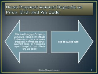Effective Mortgage Company
using IBIS (Reverse Mortgage
Software) can give your senior
 prospect an immediate down                     It is easy, it is fast!
payment figure; all we need is
a purchase price, date of birth
        and zip code!




                        Effective Mortgage Company                        5
 