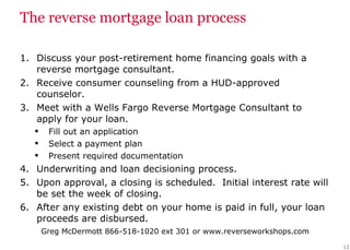 The reverse mortgage loan process Discuss your post-retirement home financing goals with a reverse mortgage consultant.  Receive consumer counseling from a HUD-approved counselor. Meet with a Wells Fargo Reverse Mortgage Consultant to apply for your loan. Fill out an application Select a payment plan Present required documentation Underwriting and loan decisioning process. Upon approval, a closing is scheduled.  Initial interest rate will be set the week of closing. After any existing debt on your home is paid in full, your loan proceeds are disbursed. 