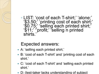 ◦ LIST: „cost of each T-shirt;‟ „alone;‟
„$3.50;‟ „printing cost of each shirt;‟
„$0.75;‟ „selling each printed shirt;‟
„$11;‟ „‟profit;‟ „selling n printed
shirts.‟
Expected answers:
 A: „selling each printed shirt.‟
 B: „cost of each T-shirt‟ and „printing cost of each
shirt.‟
 C: „cost of each T-shirt‟ and „selling each printed
shirt.‟
 D: (test-taker lacks understanding of subject
 