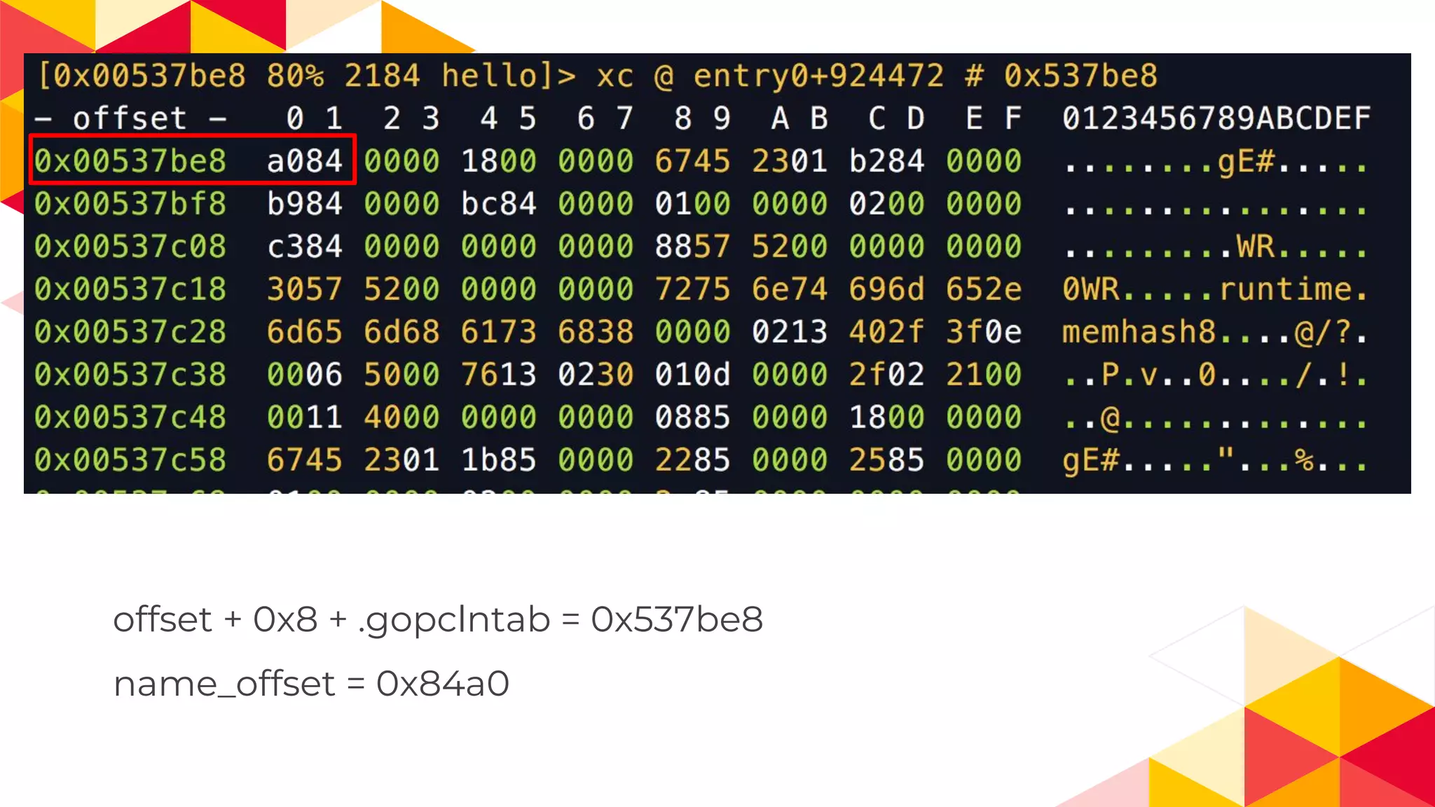 offset + 0x8 + .gopclntab = 0x537be8
name_offset = 0x84a0
 