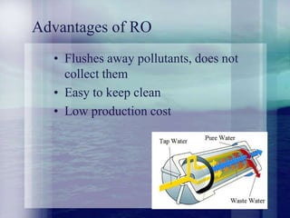 Advantages of RO
• Flushes away pollutants, does not
collect them
• Easy to keep clean
• Low production cost
 