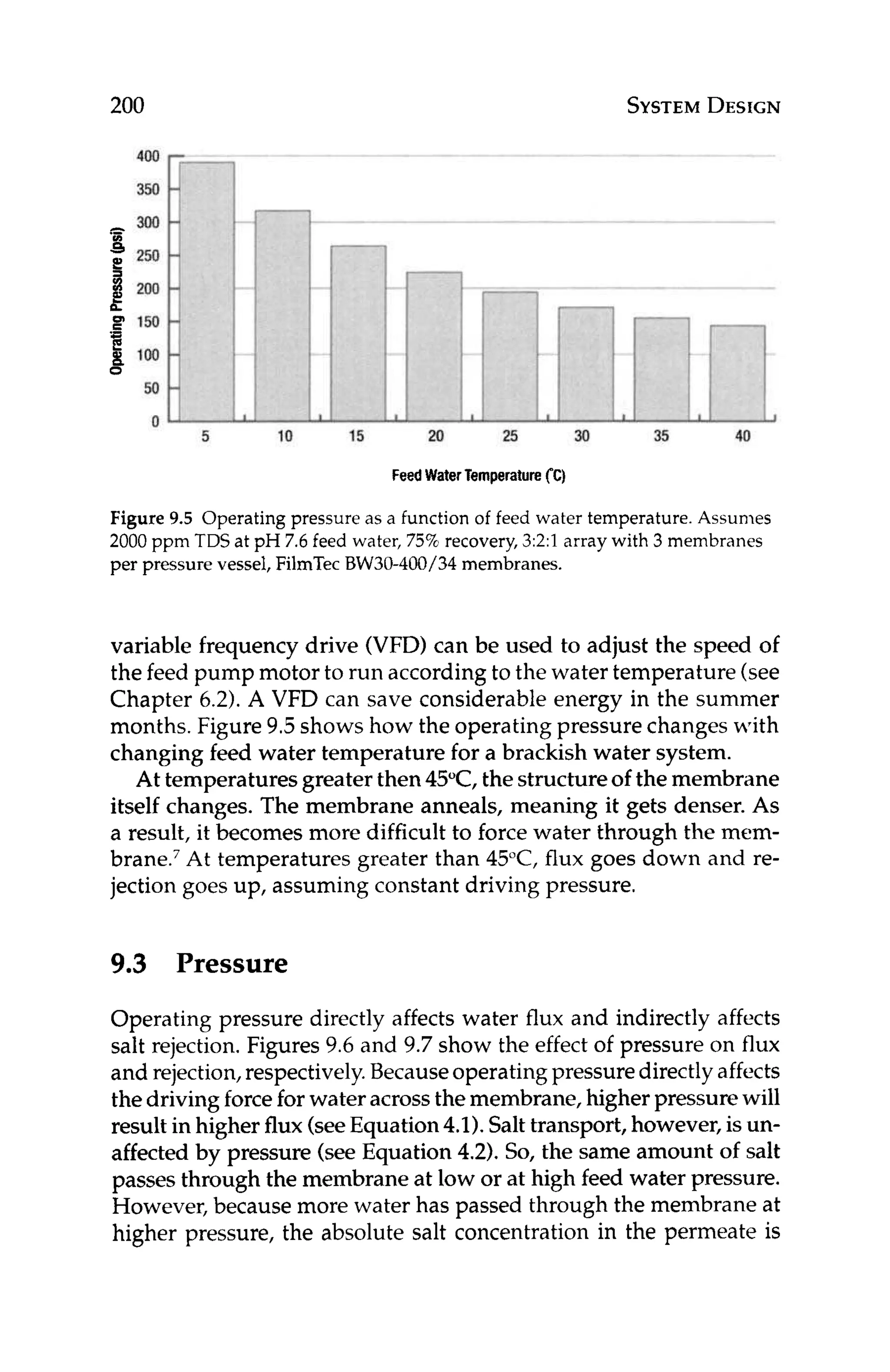 200
150
e
8 100
50
0
'E
0
5
t
10
~ 15 L
20
1l
25
SYSTEM
DESIGN
1
30
35
~ 40
FeedWaterTemperature(C)
Figure 9.5 Operating pressure as a function of feed water temperature. Assumes
2000 ppm TDS at pH 7.6 feed water, 75%'recovery, 321 array with 3 membranes
per pressure vessel, FilmTec BW30-400/34 membranes.
variable frequency drive (VFD)can be used to adjust the speed of
the feed pump motor to run accordingto the water temperature (see
Chapter 6.2). A VFD can save considerable energy in the summer
months. Figure 9.5shows how the operating pressure changes with
changing feed water temperature for a brackish water system.
At temperatures greater then 45"C, the structureof the membrane
itself changes. The membrane anneals, meaning it gets denser. As
a result, it becomes more difficult to force water through the mem-
brane.7At temperatures greater than 45"C, flux goes down and re-
jection goes up, assuming constant driving pressure.
9.3 Pressure
Operating pressure directly affects water flux and indirectly affects
salt rejection. Figures 9.6 and 9.7 show the effect of pressure on flux
and rejection,respectively.Becauseoperatingpressuredirectlyaffects
the drivingforcefor water acrossthe membrane,higher pressurewill
result in higher flux (seeEquation4.1).Salttransport, however,isun-
affected by pressure (see Equation 4.2).So, the same amount of salt
passes through the membrane at low or at high feed water pressure.
However,because more water has passed through the membrane at
higher pressure, the absolute salt concentration in the permeate is
 