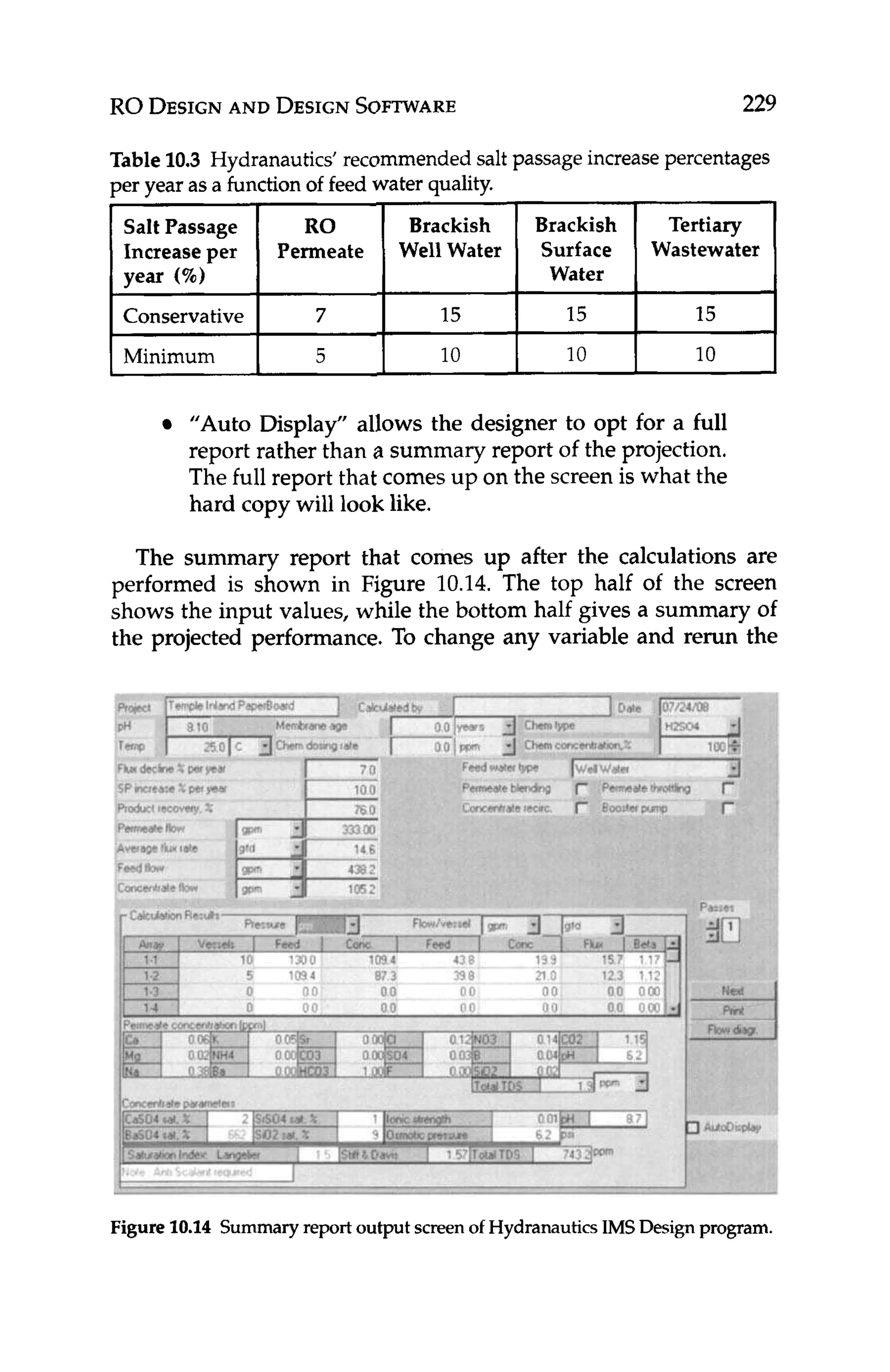 RO DESIGN
AND DESIGN
SOFTWARE 229
Salt Passage RO Brackish
Increaseper Permeate Well Water
year (%)
Conservative 7 15
Minimum 5 10
Brackish Tertiary
Surface Wastewater
Water
15 15
10 10
”Auto Display” allows the designer to opt for a full
report rather than a summary report of the projection.
The full report that comes up on the screen is what the
hard copy will look like.
The summary report that comes up after the calculations are
performed is shown in Figure 10.14. The top half of the screen
shows the input values, while the bottom half gives a summary of
the projected performance. To change any variable and rerun the
Figure 10.14 Summaryreportoutputscreenof HydranauticsIMSDesign program.
Table 1
0
.
3 Hydranautics’recommendedsalt passageincreasepercentages
per year as a function of feed water quality.
~
 