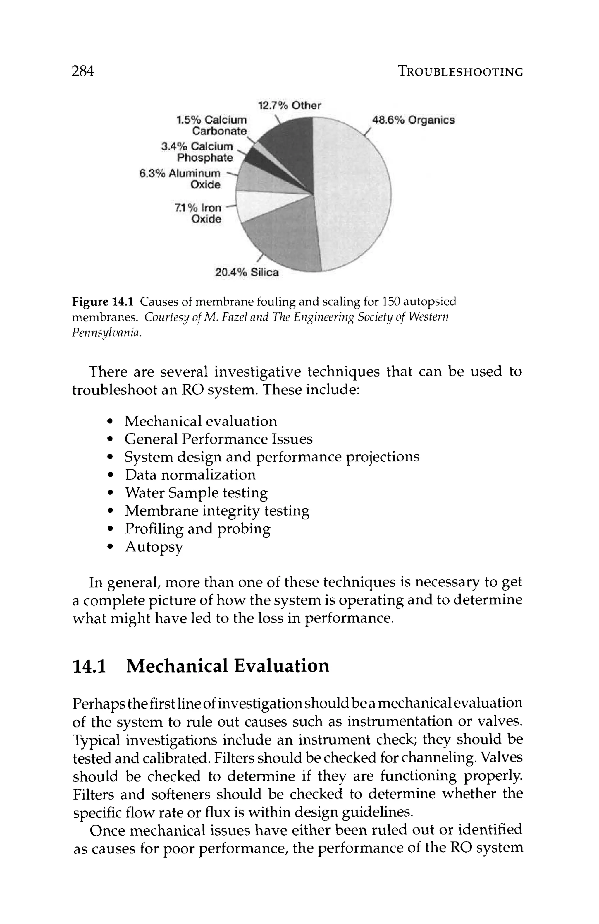 284 TROUBLESHOOTING
12.7% Other
1.5
3.4%
Ph
6.3% Aluminum
Figure 14.1 Causes of membrane fouling and scaling for 150autopsied
membranes. Courtesy of M. Fnzel mid The Eqiiieeritzg Society of Westem
Pennsylzmia.
There are several investigative techniques that can be used to
troubleshoot an RO system. These include:
Mechanical evaluation
General Performance Issues
System design and performance projections
Data normalization
Water Sample testing
Membrane integrity testing
Profiling and probing
Autopsy
In general, more than one of these techniques is necessary to get
a complete picture of how the system is operating and to determine
what might have led to the loss in performance.
14.1 Mechanical Evaluation
Perhapsthefirstlineof investigationshouldbeamechanicalevaluation
of the system to rule out causes such as instrumentation or valves.
Typical investigations include an instrument check; they should be
tested and calibrated.Filters should be checked forchanneling.Valves
should be checked to determine if they are functioning properly.
Filters and softeners should be checked to determine whether the
specificflow rate or flux is within design guidelines.
Once mechanical issues have either been ruled out or identified
as causes for poor performance, the performance of the RO system
 