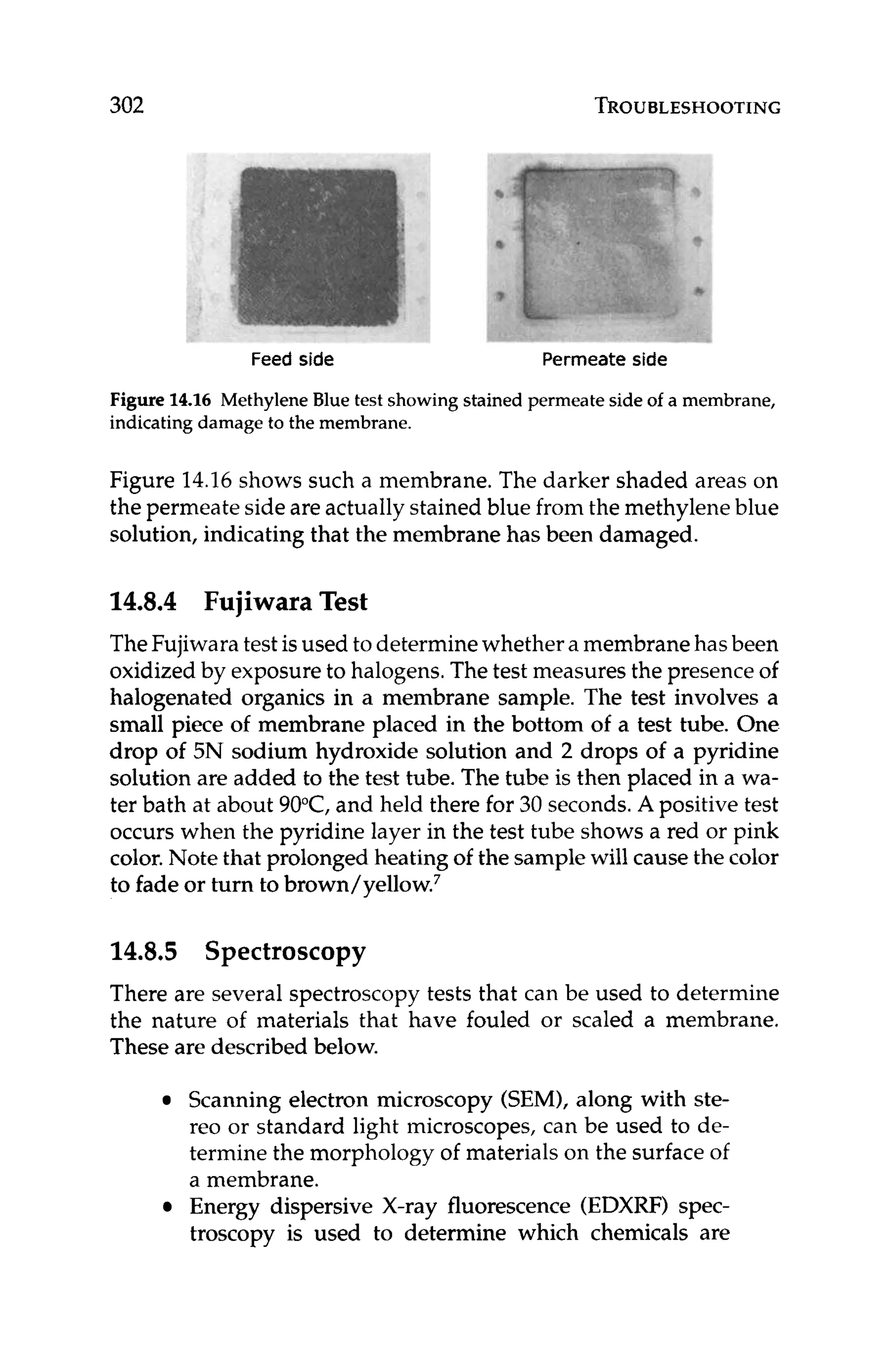 302 TROUBLESHOOTING
Feed side Permeate side
Figure 1
4
.
1
6 Methylene Blue test showing stained permeate side of a membrane,
indicating damage to the membrane.
Figure 14.16shows such a membrane. The darker shaded areas on
the permeate side are actually stained blue from the methylene blue
solution, indicating that the membrane has been damaged.
1
4
.
8
.
4 Fujiwara Test
TheFujiwaratest is used todeterminewhether a membrane hasbeen
oxidized by exposureto halogens.The test measures the presence of
halogenated organics in a membrane sample. The test involves a
small piece of membrane placed in the bottom of a test tube. One
drop of 5N sodium hydroxide solution and 2 drops of a pyridine
solution are added to the test tube. The tube is then placed in a wa-
ter bath at about 90°C,and held there for 30 seconds.A positive test
occurs when the pyridine layer in the test tube shows a red or pink
color.Note that prolonged heating of the samplewill causethe color
to fade or turn to bro~n/yellow.~
14.8.5 Spectroscopy
There are several spectroscopy tests that can be used to determine
the nature of materials that have fouled or scaled a membrane.
These are described below.
Scanning electron microscopy (SEMI, along with ste-
reo or standard light microscopes, can be used to de-
termine the morphology of materials on the surface of
a membrane.
Energy dispersive X-ray fluorescence (EDXRF) spec-
troscopy is used to determine which chemicals are
 