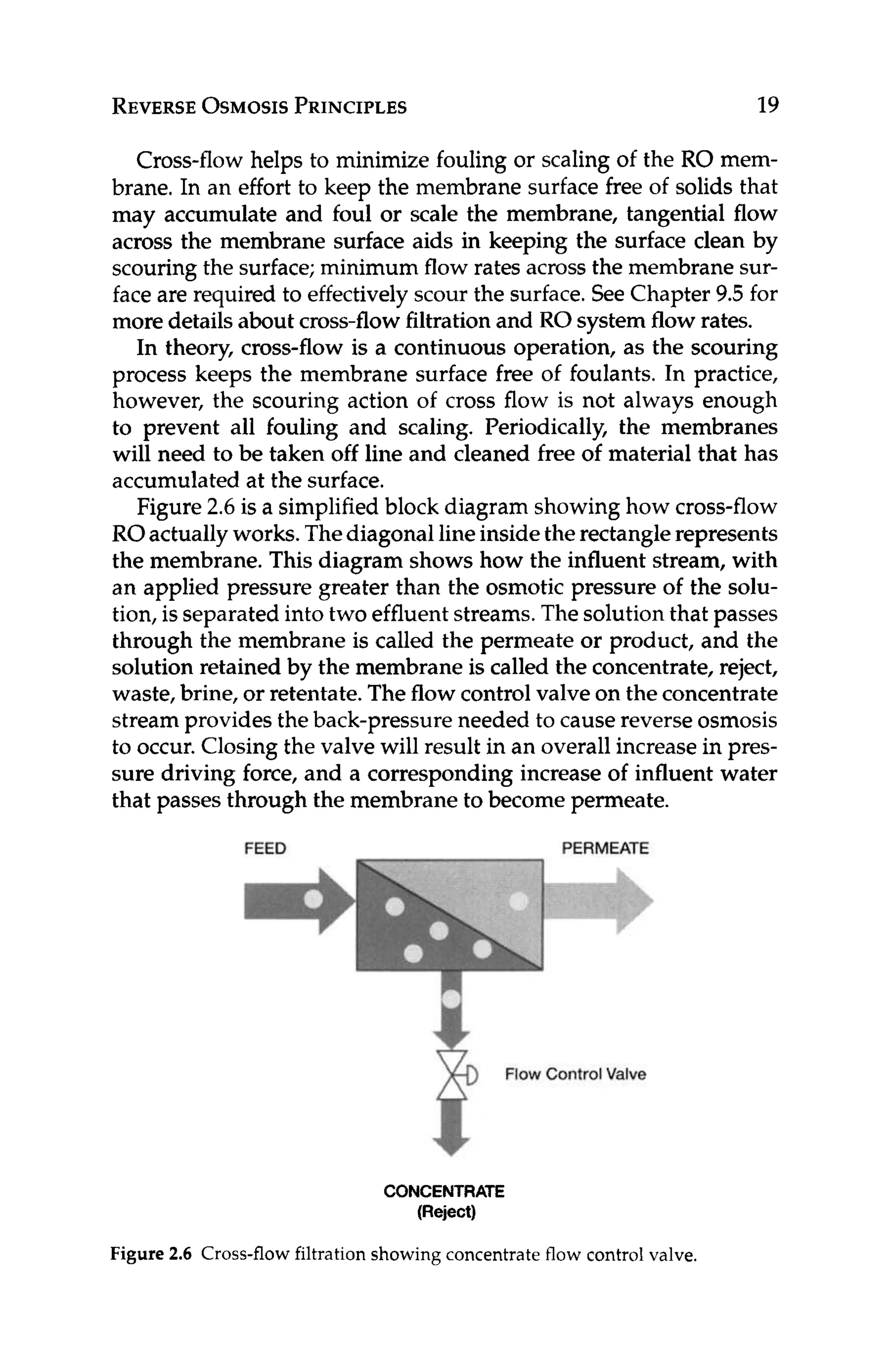 REVERSE
OSMOSIS
PRINCIPLES 19
Cross-flow helps to minimize fouling or scaling of the RO mem-
brane. In an effortto keep the membrane surface free of solids that
may accumulate and foul or scale the membrane, tangential flow
across the membrane surface aids in keeping the surface clean by
scouringthe surface; minimum flow rates across the membranesur-
face are required to effectively scour the surface.See Chapter 9.5 for
more detailsabout cross-flowfiltrationand RO systemflow rates.
In theory, cross-flow is a continuous operation, as the scouring
process keeps the membrane surface free of foulants. In practice,
however, the scouring action of cross flow is not always enough
to prevent all fouling and scaling. Periodically, the membranes
will need to be taken off line and cleaned free of material that has
accumulated at the surface.
Figure 2.6 is a simplified block diagram showing how cross-flow
ROactuallyworks.Thediagonal lineinside the rectanglerepresents
the membrane. This diagram shows how the influent stream, with
an applied pressure greater than the osmotic pressure of the solu-
tion, is separated into two effluent streams.The solution that passes
through the membrane is called the permeate or product, and the
solution retained by the membrane is called the concentrate,reject,
waste, brine, or retentate. The flow controlvalve on the concentrate
stream provides the back-pressureneeded to causereverseosmosis
to occur. Closing the valve will result in an overall increase in pres-
sure driving force, and a corresponding increase of influent water
that passes through the membrane to become permeate.
FEED PERMEATE
CONCENTRATE
(Reject)
Figure 2.6 Cross-flow filtration showing concentrate flow control valve.
 