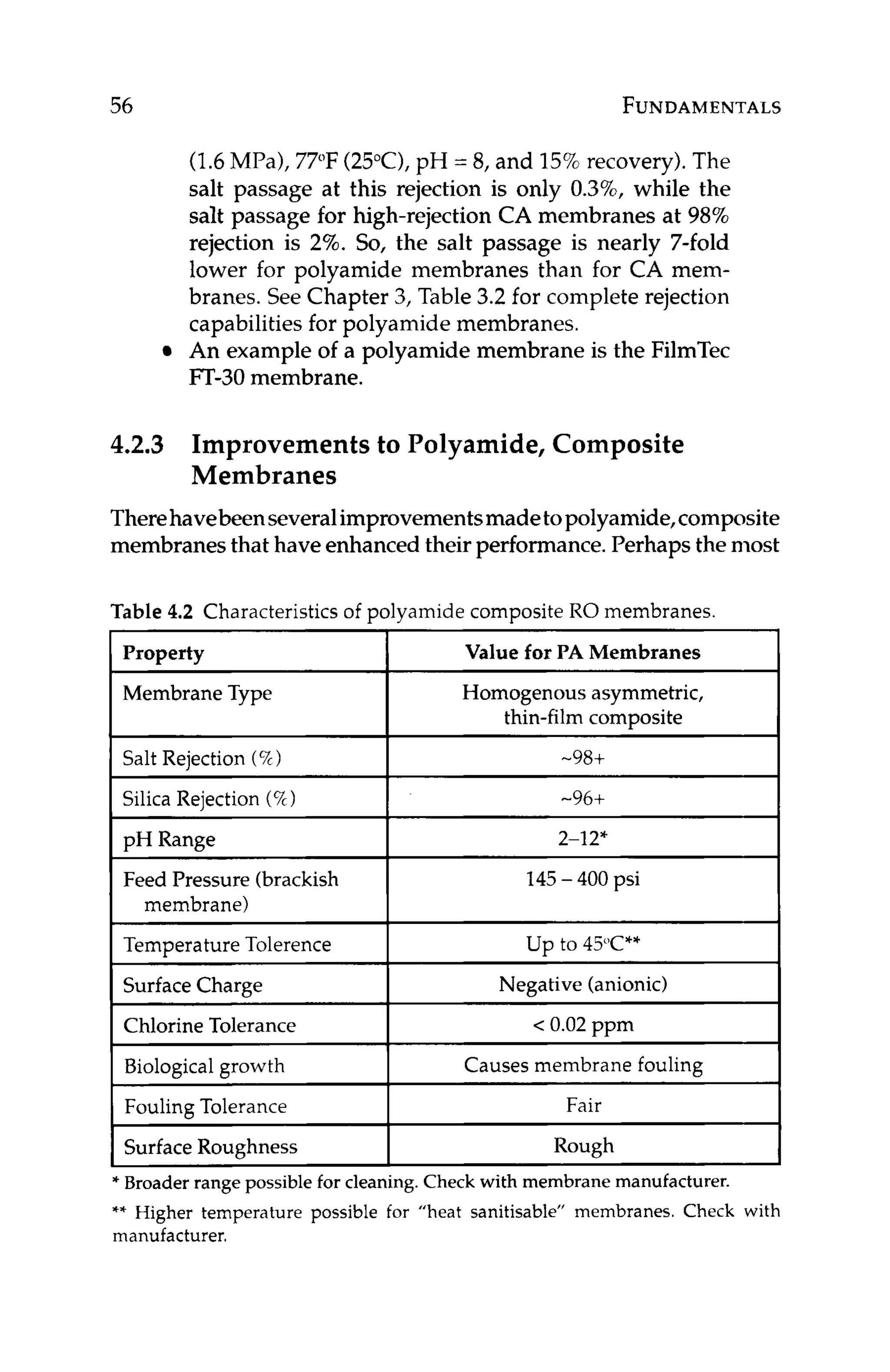 56
~
Membrane Type
Salt Rejection (%I
FUNDAMENTALS
Homogenous asymmetric,
thin-film composite
-98+
(1.6MPa), 77°F(25"C),pH = 8, and 15%recovery).The
salt passage at this rejection is only 0.3%,while the
salt passage for high-rejection CA membranes at 98%
rejection is 2%. So, the salt passage is nearly 7-fold
lower for polyamide membranes than for CA mem-
branes. See Chapter 3, Table 3.2 for complete rejection
capabilities for polyamide membranes.
An example of a polyamide membrane is the FilmTec
FT-30membrane.
pH Range
Feed Pressure (brackish
membrane)
4.2.3 Improvements to Polyamide, Composite
Therehavebeenseveralimprovementsmadetopolyamide,composite
membranesthat have enhanced their performance.Perhaps the most
Membranes
2-12*
145- 400 psi
Table 4.2 Characteristics of polyamide composite RO membranes.
Temperature Tolerence
Surface Charge
I Property I Value for PA Membranes I
u p to 45"C**
Negative (anionic)
Chlorine Tolerance
Biological growth
Fouling Tolerance
Surface Roughness
I Silica Rejection (a) I -96+
< 0.02 ppm
Causes membrane fouling
Fair
Rough
* Broader range possible for cleaning. Check with membrane manufacturer.
** Higher temperature possible for "heat sanitisable" membranes. Check with
manufacturer.
 