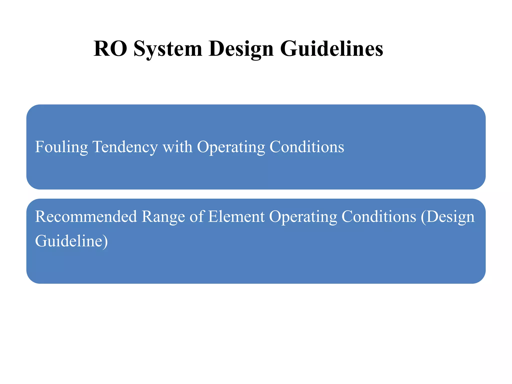 RO System Design Guidelines
Fouling Tendency with Operating Conditions
Recommended Range of Element Operating Conditions (Design
Guideline)
 