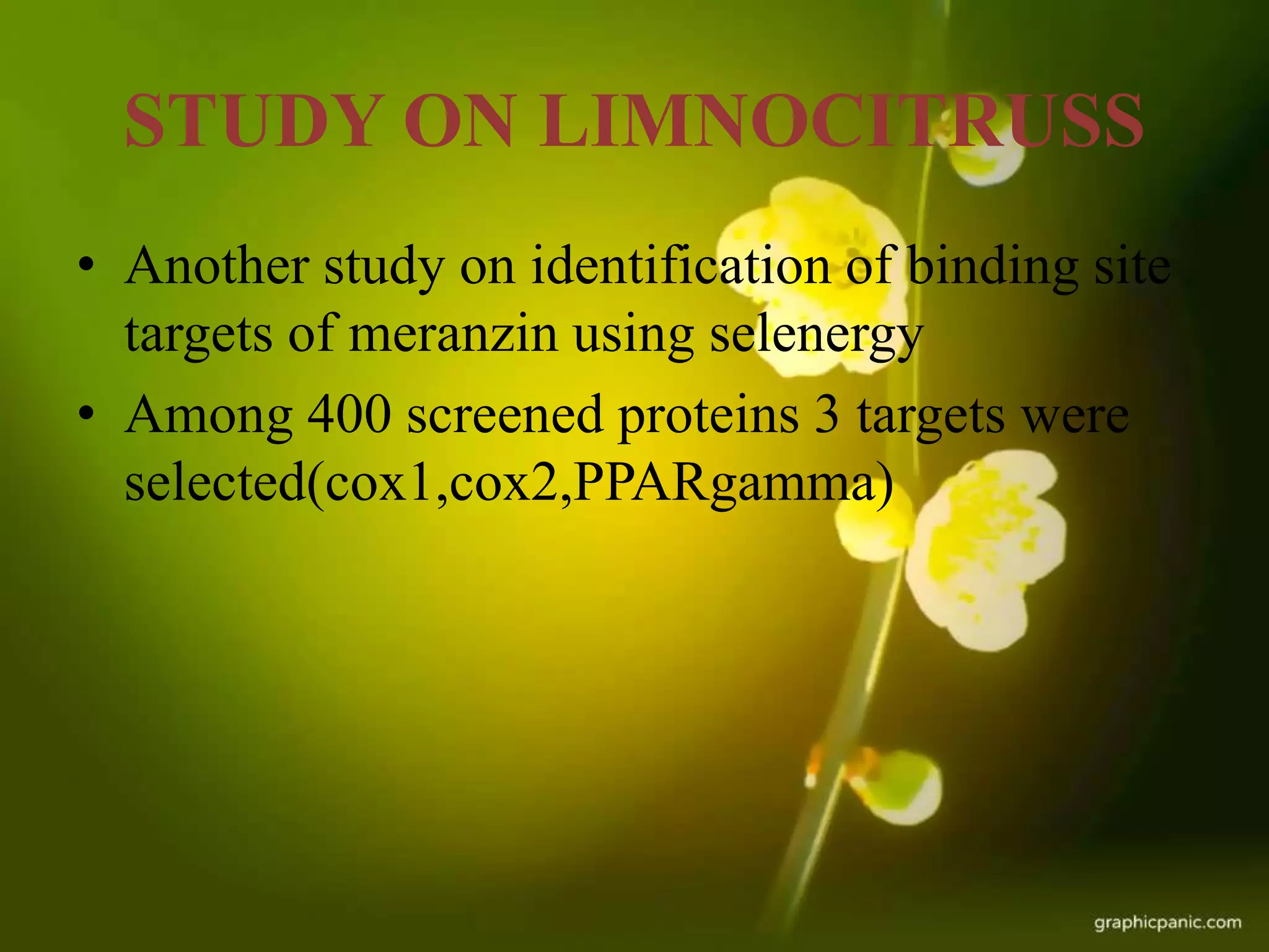 STUDY ON LIMNOCITRUSS
• Another study on identification of binding site
targets of meranzin using selenergy
• Among 400 screened proteins 3 targets were
selected(cox1,cox2,PPARgamma)
 