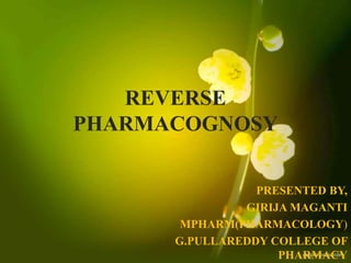 REVERSE
PHARMACOGNOSY
PRESENTED BY,
GIRIJA MAGANTI
MPHARM(PHARMACOLOGY)
G.PULLAREDDY COLLEGE OF
PHARMACY
 