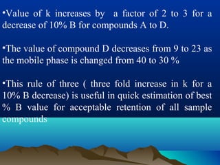 •Value of k increases by a factor of 2 to 3 for a
decrease of 10% B for compounds A to D.
•The value of compound D decreases from 9 to 23 as
the mobile phase is changed from 40 to 30 %
•This rule of three ( three fold increase in k for a
10% B decrease) is useful in quick estimation of best
% B value for acceptable retention of all sample
compounds
 