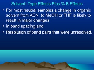 Solvent- Type Effects Plus % B Effects
• For most neutral samples a change in organic
solvent from ACN to MeOH or THF is likely to
result in major changes
• in band spacing and
• Resolution of band pairs that were unresolved.
 