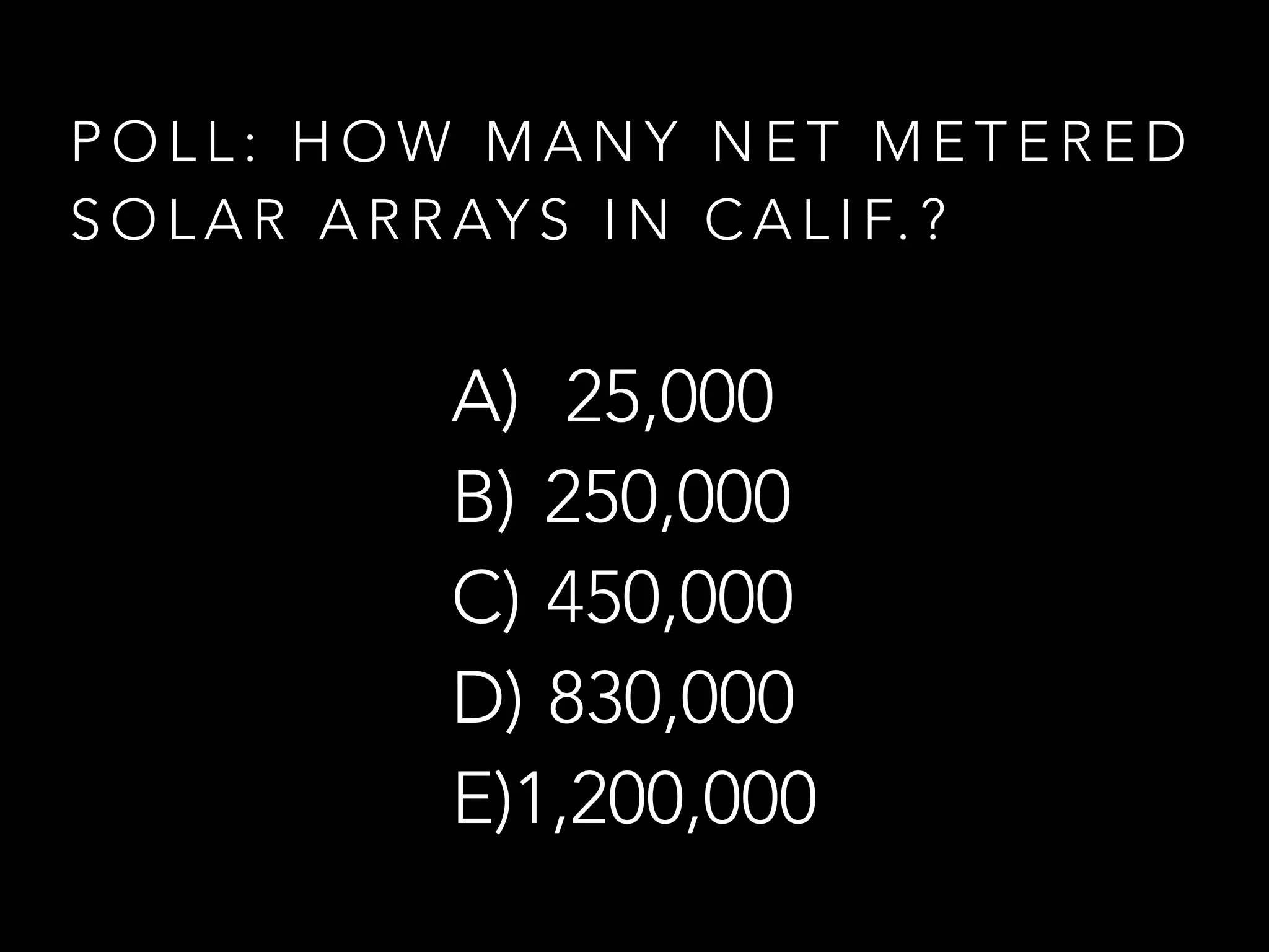 P O L L : H O W M A N Y N E T M E T E R E D
S O L A R A R R AY S I N C A L I F. ?
A) 25,000
B) 250,000
C) 450,000
D) 830,000
E)1,200,000
 