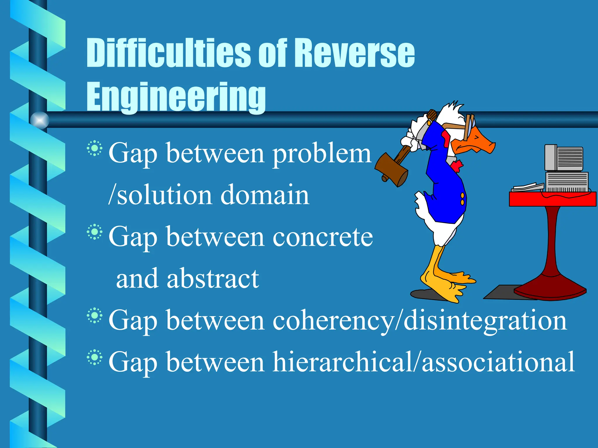 Difficulties of Reverse
Engineering
 Gap between problem
/solution domain
 Gap between concrete
and abstract
 Gap between coherency/disintegration
 Gap between hierarchical/associational
 