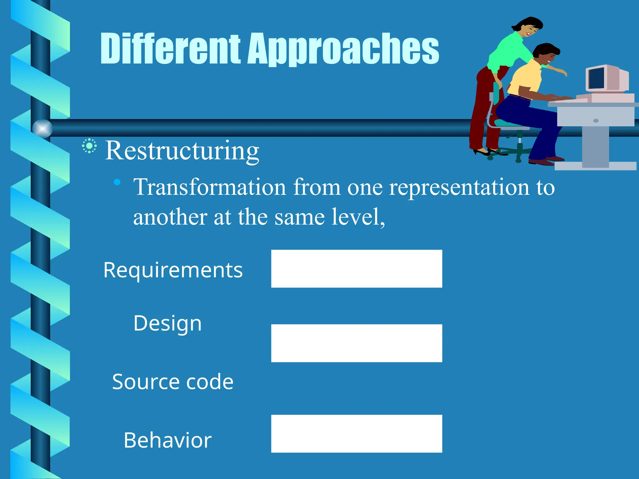 Different Approaches
 Restructuring
• Transformation from one representation to
another at the same level,
Requirements
Design
Source code
Behavior
 
