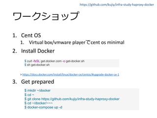 https://github.com/kujiy/infra-study-haproxy-docker
1. Cent OS
1. Virtual box/vmware player cent os minimal
2. Install Docker
> https://docs.docker.com/install/linux/docker-ce/centos/#upgrade-docker-ce-1
3. Get prepared
$ curl -fsSL get.docker.com -o get-docker.sh
$ sh get-docker.sh
$ mkdir ~/docker
$ cd ~
$ git clone https://github.com/kujiy/infra-study-haproxy-docker
$ cd ~/docker/~~~
$ docker-compose up -d
 