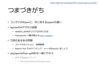 https://github.com/kujiy/infra-study-haproxy-docker
• IP/port ip/port
• Apache IP
• REMOTE_ADDR IP
• X-forward-for mod_remoteip
•
•
• Balance: first A A <-> B lsyncd
• php/apache ver up
• php5
• https://hub.docker.com/r/kujiy/kc-xoops/
 