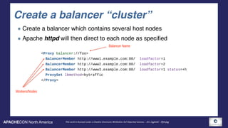 APACHECON North America This work is licensed under a Creative Commons Attribution 3.0 Unported License. - Jim Jagielski - @jimjag
Create a balancer “cluster”
Create a balancer which contains several host nodes
Apache httpd will then direct to each node as specified
<Proxy balancer://foo>
BalancerMember http://www1.example.com:80/ loadfactor=1
BalancerMember http://www2.example.com:80/ loadfactor=2
BalancerMember http://www3.example.com:80/ loadfactor=1 status=+h
ProxySet lbmethod=bytraffic
</Proxy>
Balancer Name
Workers/Nodes
 