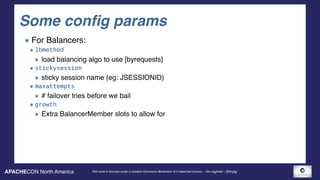 APACHECON North America This work is licensed under a Creative Commons Attribution 3.0 Unported License. - Jim Jagielski - @jimjag
Some config params
For Balancers:
lbmethod
load balancing algo to use [byrequests]
stickysession
sticky session name (eg: JSESSIONID)
maxattempts
# failover tries before we bail
growth
Extra BalancerMember slots to allow for
 