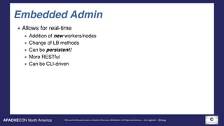 APACHECON North America This work is licensed under a Creative Commons Attribution 3.0 Unported License. - Jim Jagielski - @jimjag
Embedded Admin
Allows for real-time
Addition of new workers/nodes
Change of LB methods
Can be persistent!
More RESTful
Can be CLI-driven
 