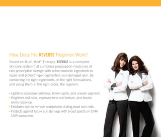 How Does the REVERSE Regimen Work?
Based on Multi-Med® Therapy, REVERSE is a complete
skincare system that combines prescription medicines at
non-prescription strength with active cosmetic ingredients to
repair and protect hyper-pigmented, sun-damaged skin. By
combining the right ingredients, in the right formulations,
and using them in the right order, the regimen:

 Lightens excessive darkness, brown spots, and uneven pigment.
 Brightens dull skin, improves tone and texture, and boosts
 skin’s radiance.
 Exfoliates skin to remove complexion-dulling dead skin cells.
 Protects against future sun damage with broad spectrum UVA/
 UVB sunscreen.
 