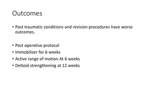 Outcomes
• Post traumatic conditions and revision procedures have worse
outcomes.
• Post operative protocol
• Immobilizer for 6 weeks
• Active range of motion At 6 weeks
• Deltoid strengthening at 12 weeks
 