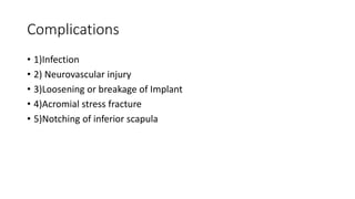 Complications
• 1)Infection
• 2) Neurovascular injury
• 3)Loosening or breakage of Implant
• 4)Acromial stress fracture
• 5)Notching of inferior scapula
 