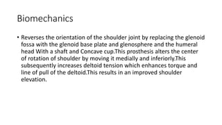 Biomechanics
• Reverses the orientation of the shoulder joint by replacing the glenoid
fossa with the glenoid base plate and glenosphere and the humeral
head With a shaft and Concave cup.This prosthesis alters the center
of rotation of shoulder by moving it medially and inferiorly.This
subsequently increases deltoid tension which enhances torque and
line of pull of the deltoid.This results in an improved shoulder
elevation.
 