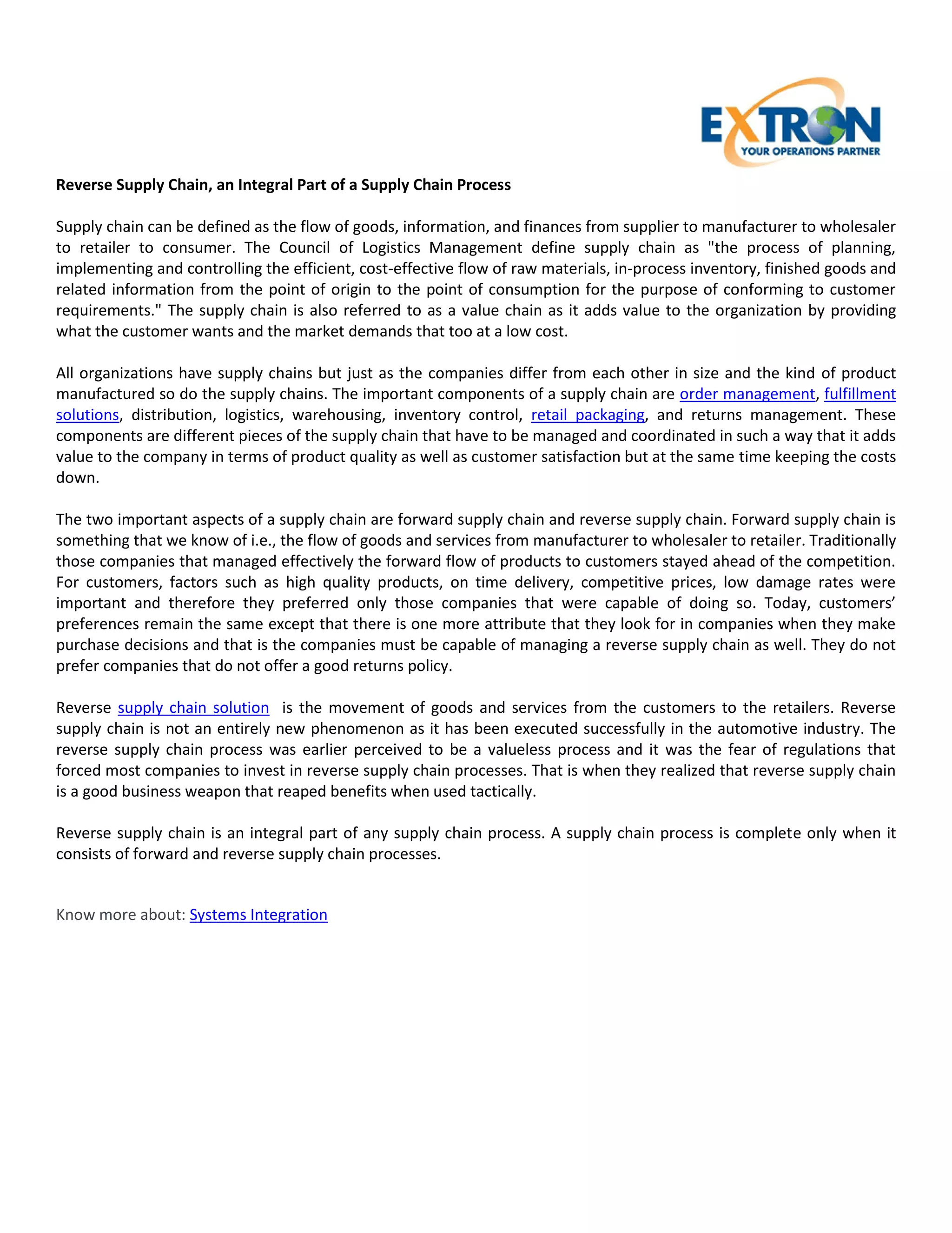 Reverse supply chain, an integral part of a supply chain process | PDF