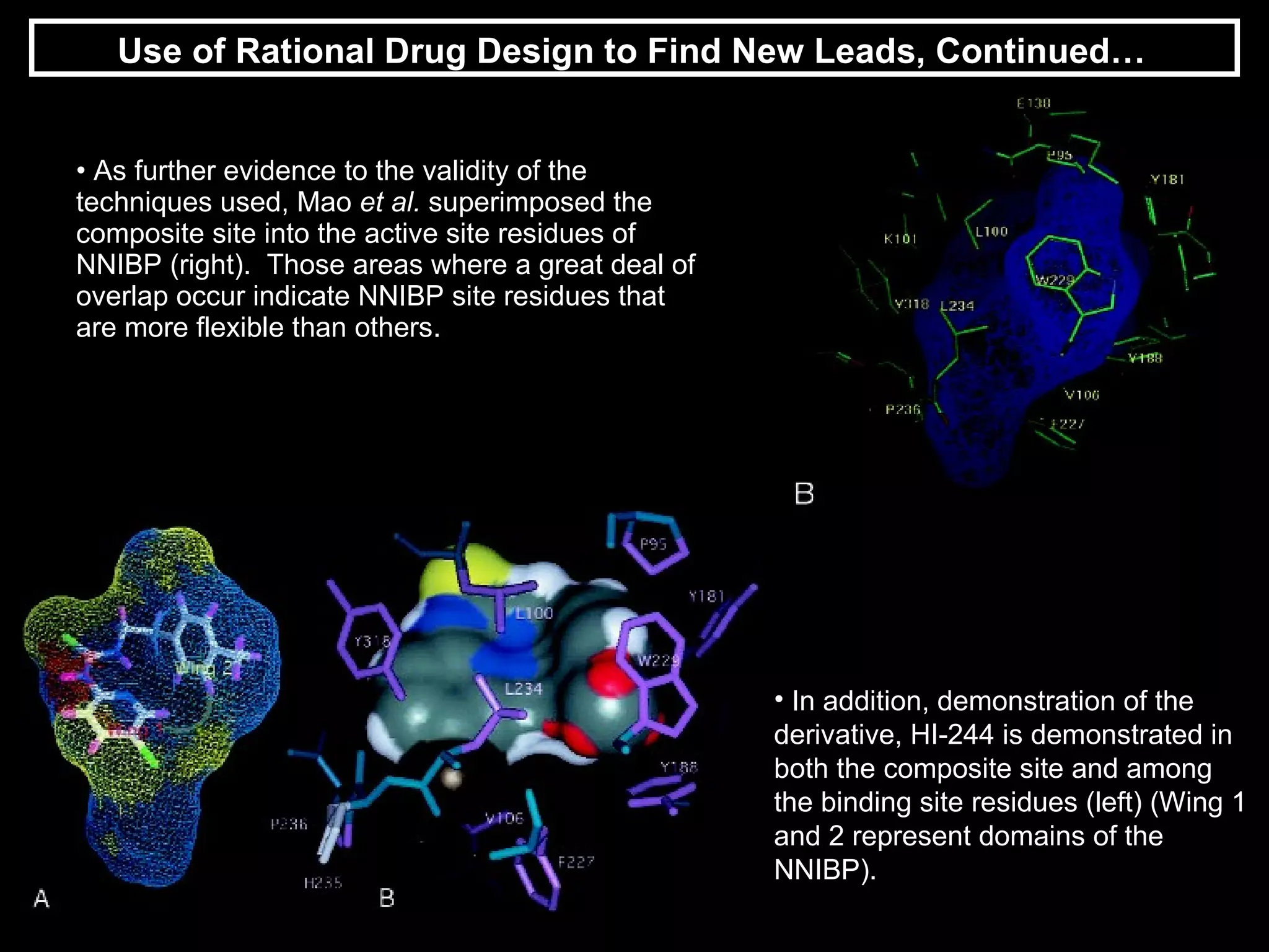 As further evidence to the validity of the techniques used, Mao  et al.  superimposed the composite site into the active site residues of NNIBP (right).  Those areas where a great deal of overlap occur indicate NNIBP site residues that are more flexible than others.  Use of Rational Drug Design to Find New Leads, Continued… In addition, demonstration of the derivative, HI-244 is demonstrated in both the composite site and among the binding site residues (left) (Wing 1 and 2 represent domains of the NNIBP). 