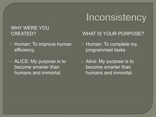 InconsistencyWhy were you Created?What is your purpose?Human: To improve human efficiency.ALICE: My purpose is to become smarter than humans and immortal.Human: To complete my programmed tasks.Alice: My purpose is to become smarter than humans and immortal.