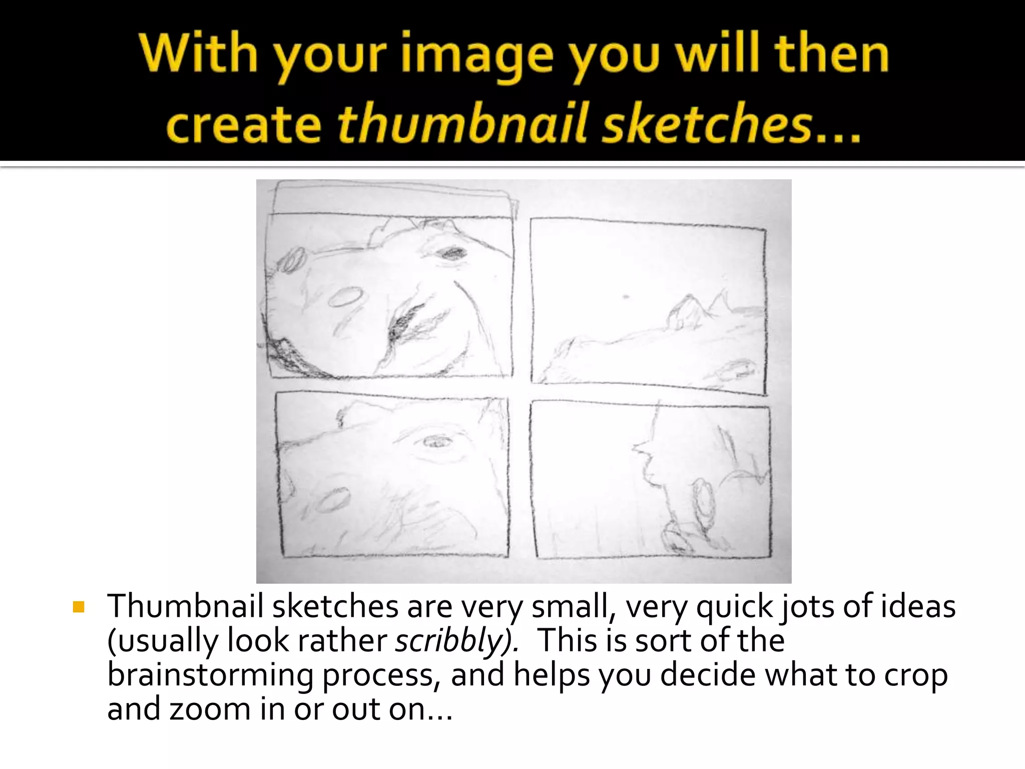    Thumbnail sketches are very small, very quick jots of ideas
    (usually look rather scribbly). This is sort of the
    brainstorming process, and helps you decide what to crop
    and zoom in or out on…
 