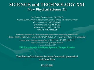 SCIENCE and TECHNOLOGY XXISCIENCE and TECHNOLOGY XXI
New Physical Science XXI:New Physical Science XXI:
Physics 1.0 Physics 2.0 Physics 3.0 … Physics X.0Physics 1.0 Physics 2.0 Physics 3.0 … Physics X.0
THE FIRST PRINCIPLES IN NATURE:
FORCE-INTERACTIONS, SUPER SYMMETRY FORCE, OR PROTO FORCE
CONVERTIBILITY OF FORCES
CONSERVATION OF FORCES
REVERSIBILITY OF FORCES
UNITY OF FORCES, QUANTUM GRAVITY
DARK ENERGY UNIVERSE
All Existence is Relative, All Nature is Reversible, All Forces are coming from one Proto ForceAll Existence is Relative, All Nature is Reversible, All Forces are coming from one Proto Force
Read i-book: SCIENCE and TECHNOLOGY 21, New PHYSICA, to completelyRead i-book: SCIENCE and TECHNOLOGY 21, New PHYSICA, to completely
change your standard conception of PHYSICAL REALITYchange your standard conception of PHYSICAL REALITY
http://www.lulu.com/spotlight/shamashhttp://www.lulu.com/spotlight/shamash
Azamat Abdoullaev, PhD
EIS Encyclopedic Intelligent Systems (Europe, Russia)
EU, RF, 2016EU, RF, 2016
 