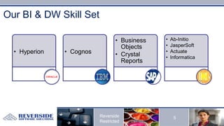 Our BI & DW Skill Set

                                  • Business   •   Ab-Initio
                                    Objects    •   JasperSoft
  • Hyperion   • Cognos           • Crystal
                                               •   Actuate
                                               •   Informatica
                                    Reports




                          Reverside                 5
                          Restricted
 