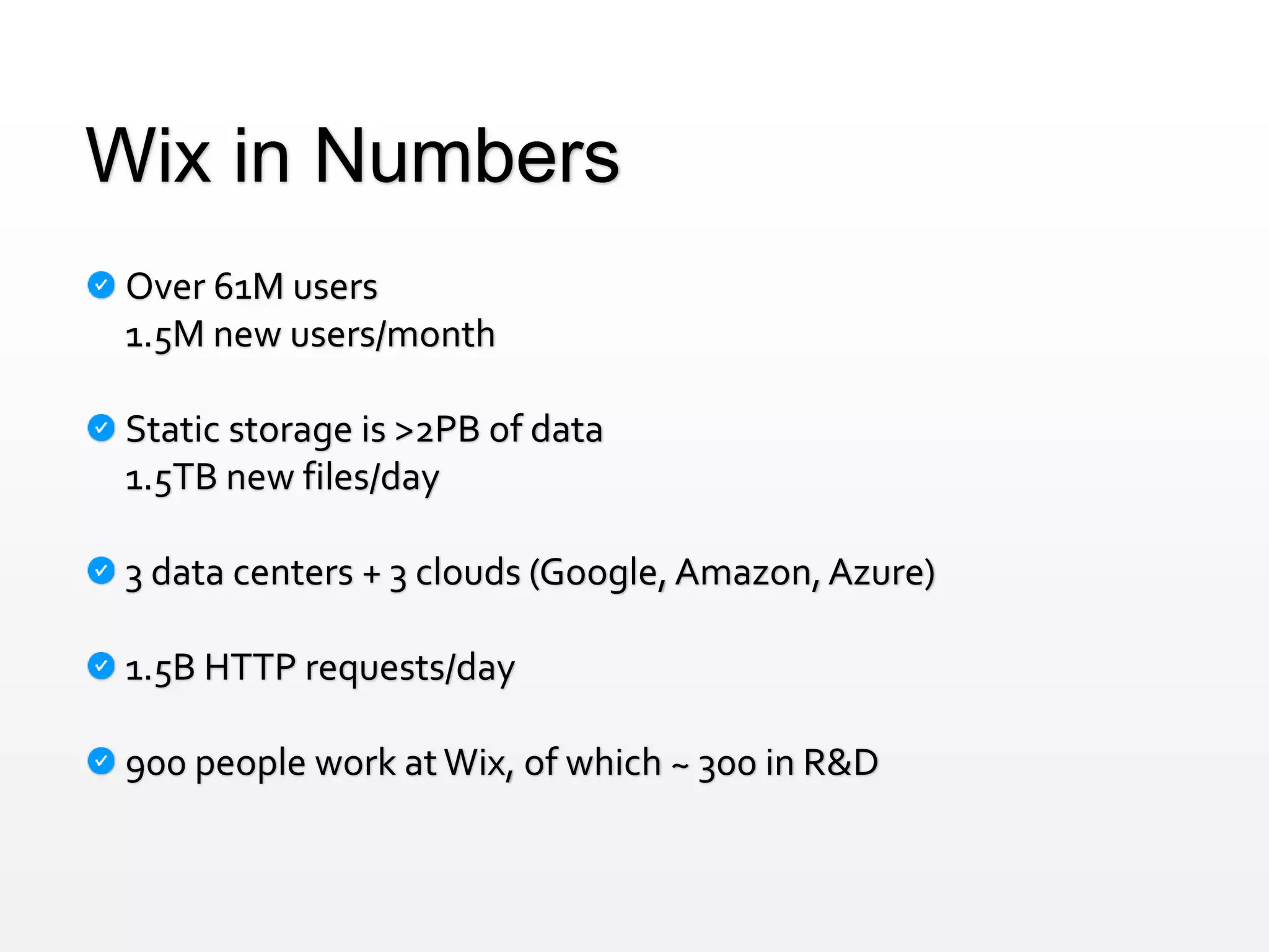 Wix in Numbers
Over 61M users
1.5M new users/month
Static storage is >2PB of data
1.5TB new files/day
3 data centers + 3 clouds (Google, Amazon,Azure)
1.5B HTTP requests/day
900 people work atWix, of which ~ 300 in R&D
 
