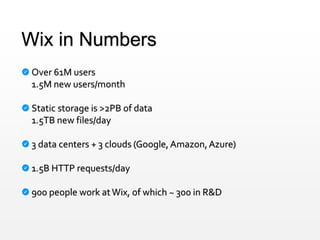 Wix in Numbers
Over 61M users
1.5M new users/month
Static storage is >2PB of data
1.5TB new files/day
3 data centers + 3 clouds (Google, Amazon,Azure)
1.5B HTTP requests/day
900 people work atWix, of which ~ 300 in R&D
 