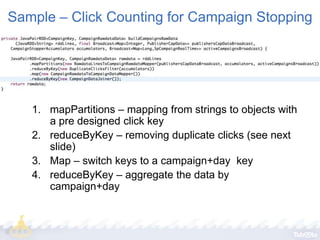 Sample – Click Counting for Campaign Stopping

1. mapPartitions – mapping from strings to objects with
a pre designed click key
2. reduceByKey – removing duplicate clicks (see next
slide)
3. Map – switch keys to a campaign+day key
4. reduceByKey – aggregate the data by
campaign+day

 