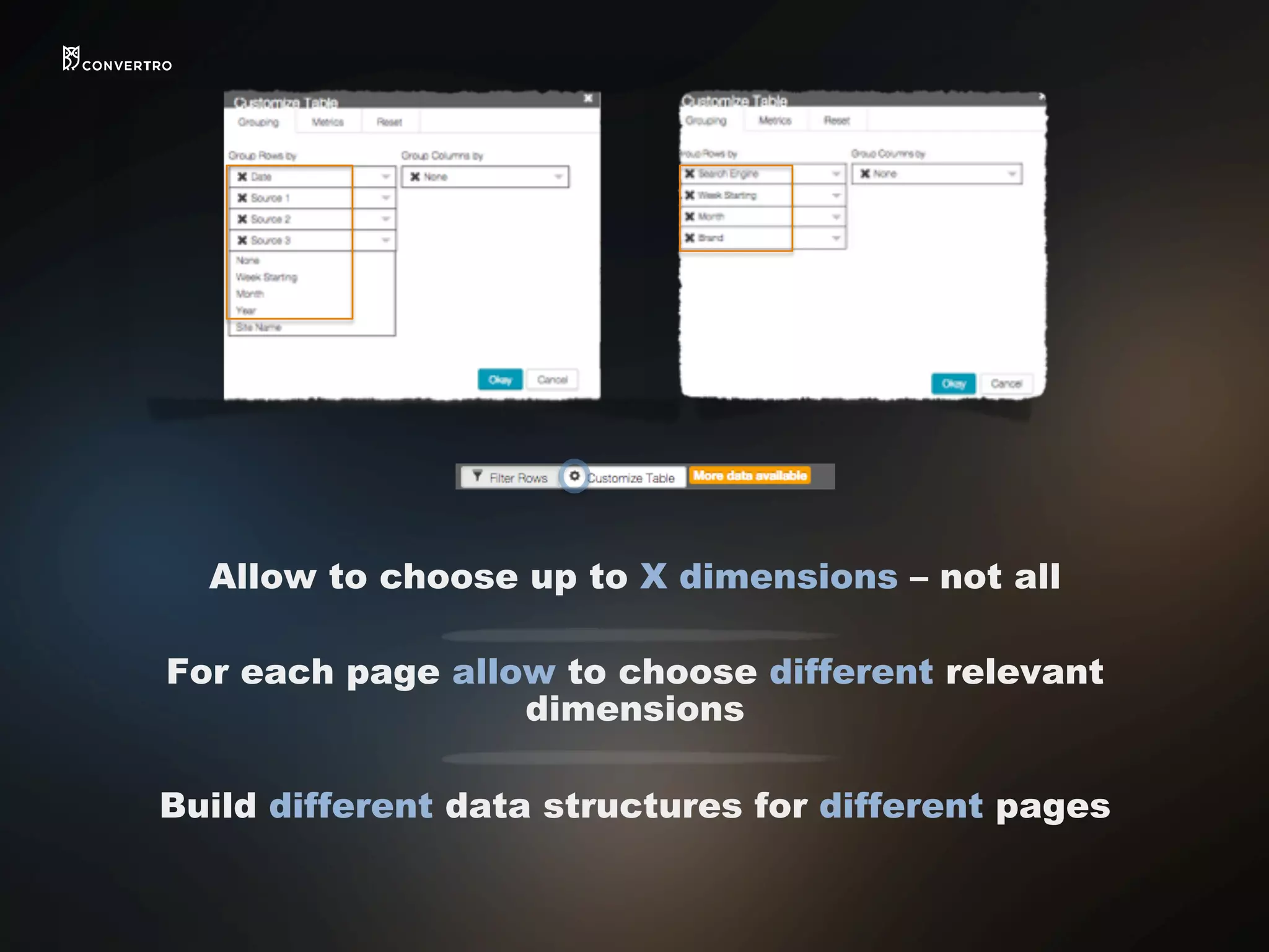 Allow to choose up to X dimensions – not all	
  
For each page allow to choose different relevant
dimensions 	
  
Build different data structures for different pages
 